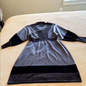 Connected Apparel Gray and Black V-Neck Sweater Dress with Dolman Sleeves.